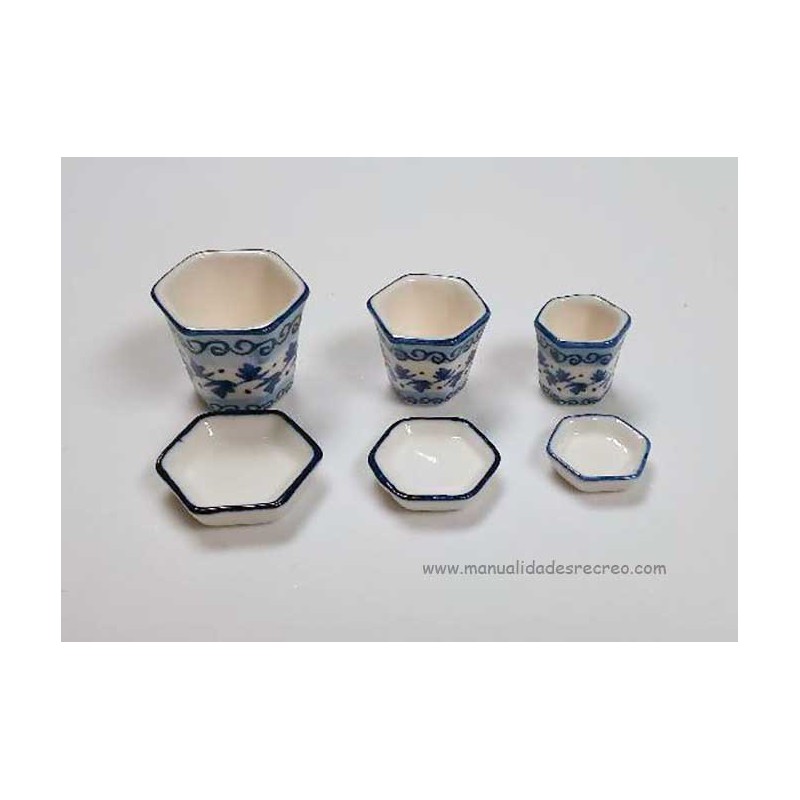 macetas de cerámica con su plato bajo, juego de tres macetas