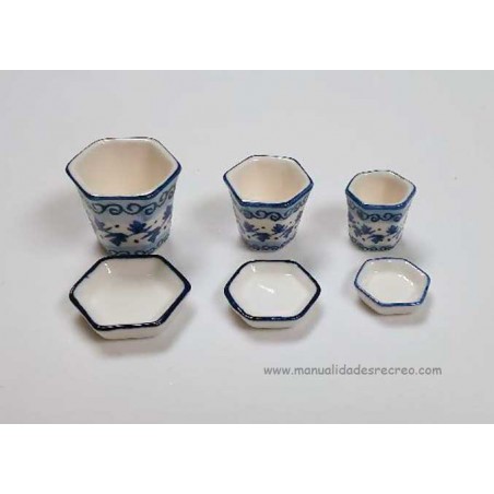 macetas de cerámica con su plato bajo, juego de tres macetas